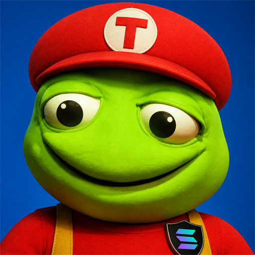 TOADRIO the toad: bright green face, huge hopeful eyes, a red cap with a white T patch, and a Solana badge on his red suit